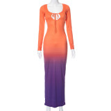 Casual Gradient Print Strap Long Sleeve Slim Fit Off Back Dress