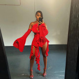 Fashion Hanging Neck Open Back Sexy Spicy Girl Flare Sleeve Irregular Strap Dress