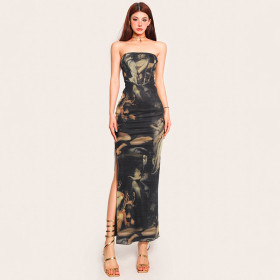 Casual Character Print Sleeveless Slim Fit Split Bra Long Dress