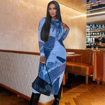 Casual denim printed round neck long sleeved slim fitting basic dress Casual denim printed round neck long sleeved slim fitting basic dress