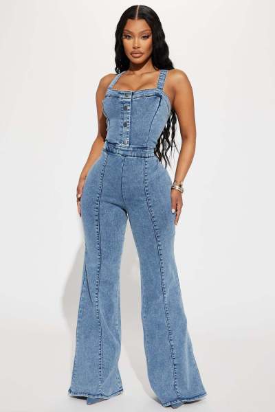 Women's fashion casual sexy shoulder straps denim jumpsuit wide leg pants flared pants