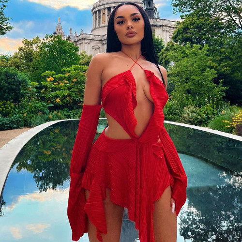 Fashion Hanging Neck Open Back Sexy Spicy Girl Flare Sleeve Irregular Strap Dress