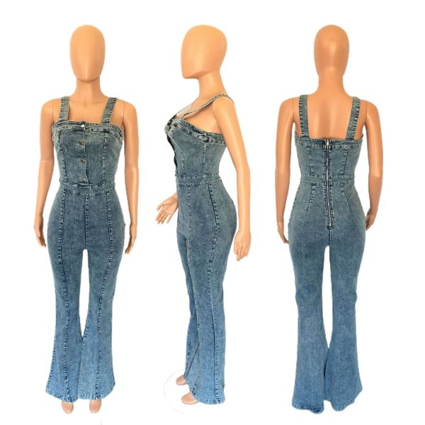 Women's fashion casual sexy shoulder straps denim jumpsuit wide leg pants flared pants