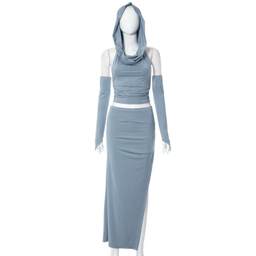 Solid casual long sleeved round neck hooded top slim fitting long skirt set