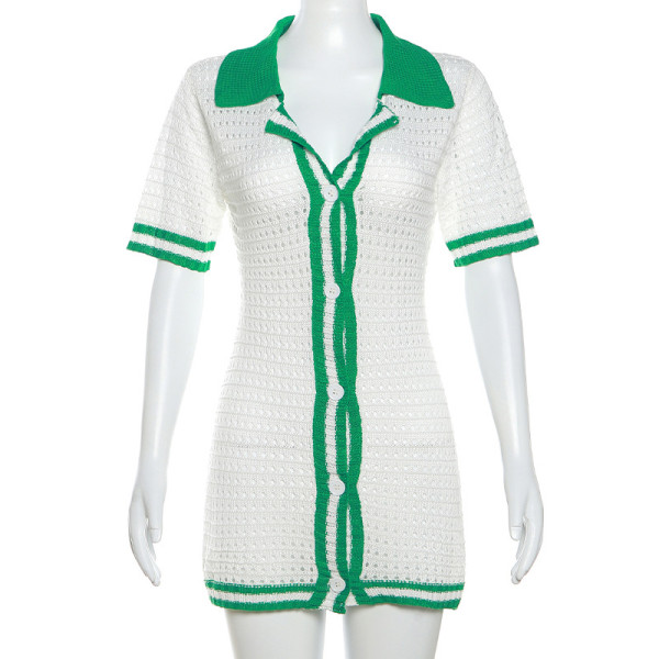 Knitted skirt cardigan button up lapel short sleeved color matching slim fitting buttocks dress