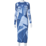 Casual denim printed round neck long sleeved slim fitting basic dress