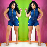 Denim Slim Fit Slim Jumpsuit with White Perforated Zipper Jumpsuit