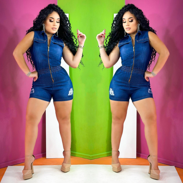 Denim Slim Fit Slim Jumpsuit with White Perforated Zipper Jumpsuit