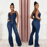 Women's fashion casual sexy shoulder straps denim jumpsuit wide leg pants