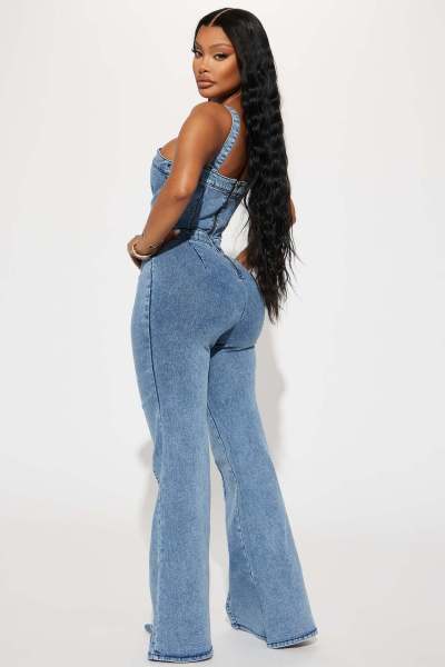 Women's fashion casual sexy shoulder straps denim jumpsuit wide leg pants flared pants