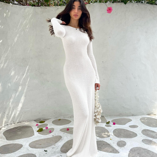 Lace up Sexy Backless Long Sleeve Solid Slim Fit Dress