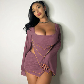 One line neck long sleeved short skirt two-piece casual set
