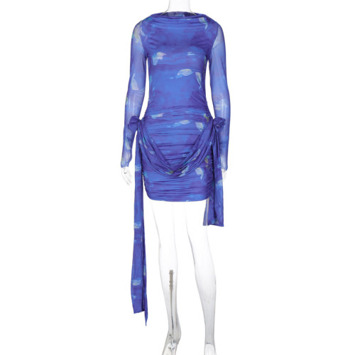 Long sleeved ribbon fashion tie dyed printed pleated buttock wrap dress