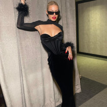 Plush mesh stitching sexy nightclub style hollowed out long skirt slim fitting dress