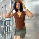 Solid casual sleeveless hooded open back slim fitting tank top