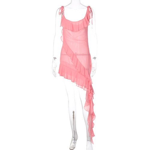 Solid Chiffon Ruffle Edge Sexy Slim Fit Dress
