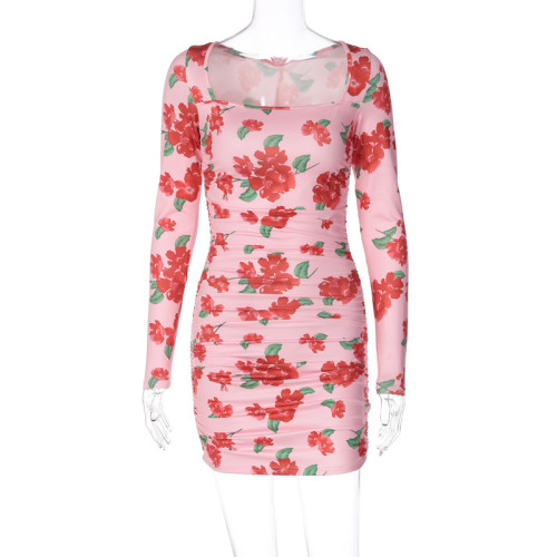 Women's long sleeved square neck pleated slim fitting dress