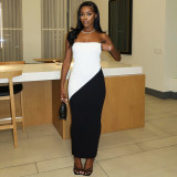 Contrast color patchwork bra long skirt slim fit wrap buttocks dress