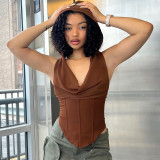 Solid casual sleeveless hooded open back slim fitting tank top