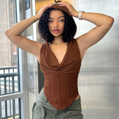 Solid casual sleeveless hooded open back slim fitting tank top