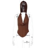 Solid casual sleeveless hooded open back slim fitting tank top