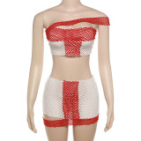 Fashionable and Personalized Skew Shoulder Sexy Open Back Mesh Hole Perspective Contrast Short Skirt Set