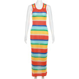 Knitted Skirt Contrast Color Fashion Sexy Hollow out Slim Fit Sleeveless Long Dress