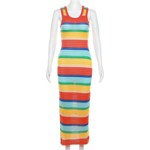 Knitted Skirt Contrast Color Fashion Sexy Hollow out Slim Fit Sleeveless Long Dress