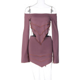 One line neck long sleeved short skirt two-piece casual set