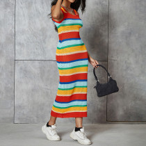 Knitted Skirt Contrast Color Fashion Sexy Hollow out Slim Fit Sleeveless Long Dress Knitted Skirt Contrast Color Fashion Sexy Hollow out Slim Fit Sleeveless Long Dress