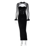 Plush mesh stitching sexy nightclub style hollowed out long skirt slim fitting dress