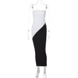 Contrast color patchwork bra long skirt slim fit wrap buttocks dress