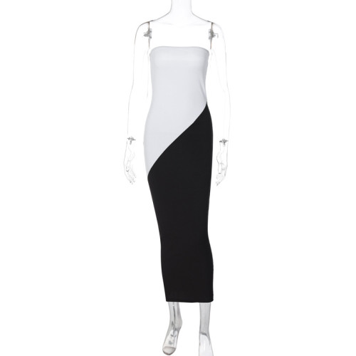 Contrast color patchwork bra long skirt slim fit wrap buttocks dress