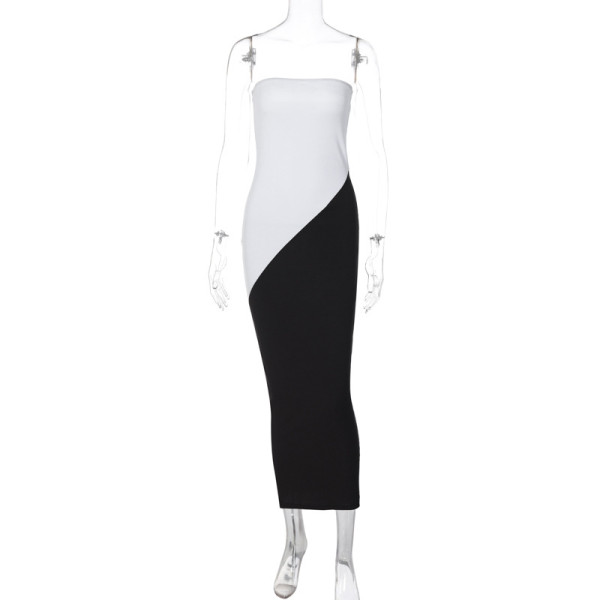 Contrast color patchwork bra long skirt slim fit wrap buttocks dress
