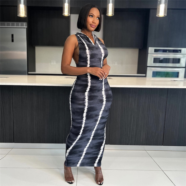 Fashion Hooded Sleeveless Head Abstract Printed Slim Fit Dress