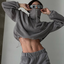 Versatile suede top with warm zipper lapel and drawstring short hoodie