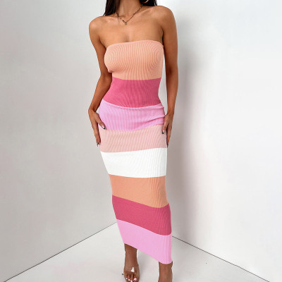 Sexy Slim Fit Show Chest Waist Collar Colored Woolen Fabric Design Bra Dress