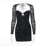 Lace Long Sleeve Sexy Hollow Flocking Printed Dress