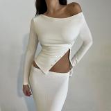 Slim Fit Split Tee Fashion Diagonal Shoulder Split Long Sleeve Top