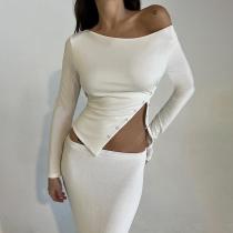 Slim Fit Split Tee Fashion Diagonal Shoulder Split Long Sleeve Top