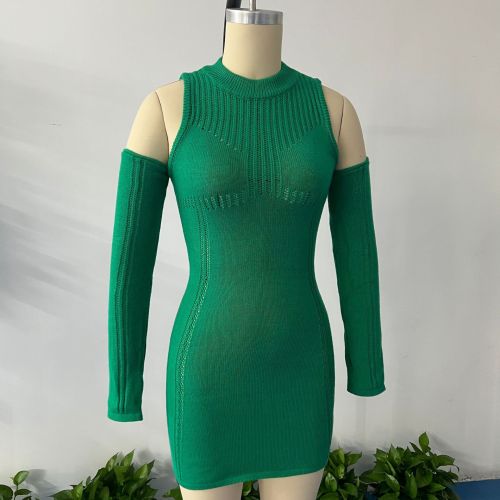 Waist fitting and patchwork knitted dress with sexy perspective shoulder bag and hip skirt