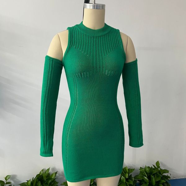 Waist fitting and patchwork knitted dress with sexy perspective shoulder bag and hip skirt