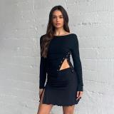 Slim Fit Split Tee Fashion Diagonal Shoulder Split Long Sleeve Top