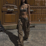 Low rise multi pocket workwear pants with casual straight leg wide leg pants