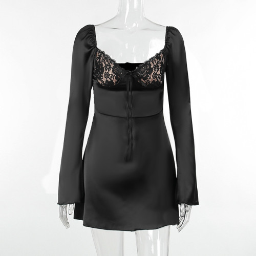Sexy hip wrap short skirt with elegant and slim fitting satin long sleeved dress