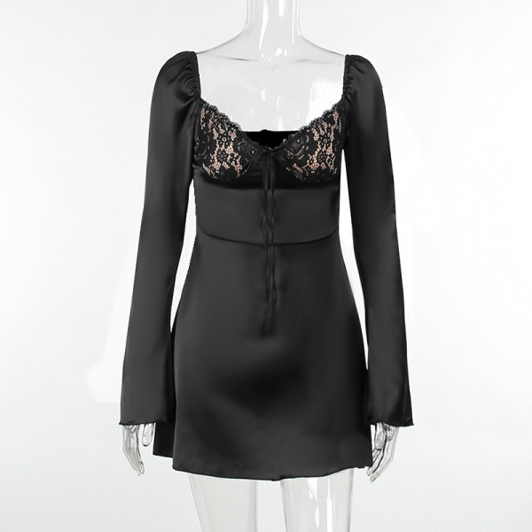 Sexy hip wrap short skirt with elegant and slim fitting satin long sleeved dress