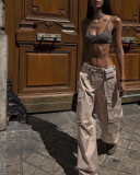 Low rise multi pocket workwear pants with casual straight leg wide leg pants