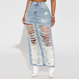 Personalized denim wash pocket split tassel skirt