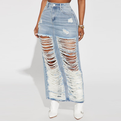 Personalized denim wash pocket split tassel skirt