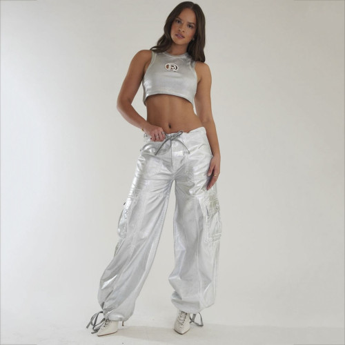 Pocket Panel Wide Leg Leather Pants Loose Casual Lace up Straight Barrel Leather Pants